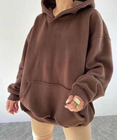 KAHVE KALIN 3İPLİK KAPŞONLU SWEATSHİRT