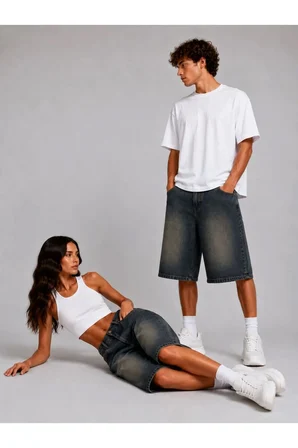 ESKİTME YIKAMA UNİSEX BAGGY DENİM ŞORT