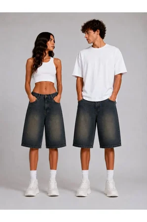 ESKİTME YIKAMA UNİSEX BAGGY DENİM ŞORT