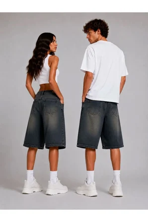 ESKİTME YIKAMA UNİSEX BAGGY DENİM ŞORT