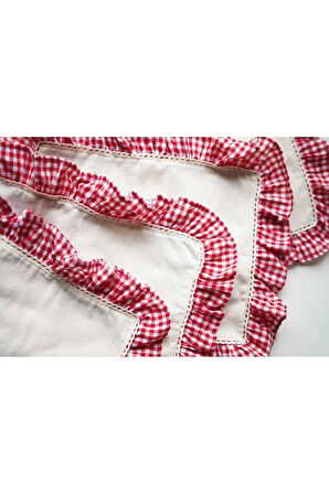 4Lü Ham Keten Kareli Fırfır Detaylı Amerikan Servis/ Supla