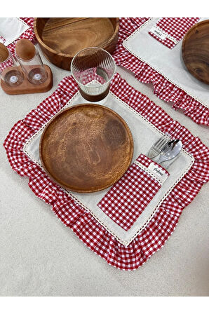 6Lı Cepli Ham Keten Kareli Fırfır Detaylı Amerikan Servis/ Supla