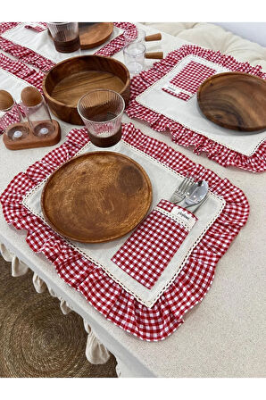 6Lı Cepli Ham Keten Kareli Fırfır Detaylı Amerikan Servis/ Supla