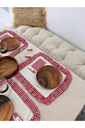 6Lı Cepli Ham Keten Kareli Fırfır Detaylı Amerikan Servis/ Supla