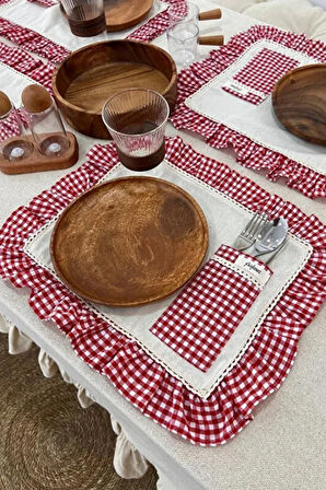 2Li Cepli Ham Keten Kareli Fırfır Detaylı Amerikan Servis/ Supla