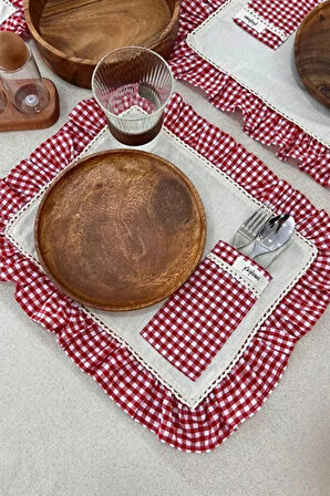 2Li Cepli Ham Keten Kareli Fırfır Detaylı Amerikan Servis/ Supla