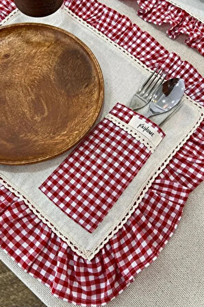 2Li Cepli Ham Keten Kareli Fırfır Detaylı Amerikan Servis/ Supla