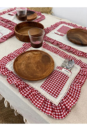 4Lü Cepli Ham Keten Kareli Fırfır Detaylı Amerikan Servis/ Supla