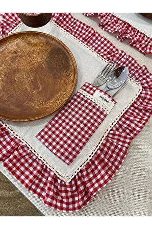 4Lü Cepli Ham Keten Kareli Fırfır Detaylı Amerikan Servis/ Supla