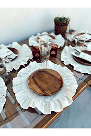 2Lİ Ham Keten Yuvarlak Fırfır Detaylı Amerikan Servis/ Supla