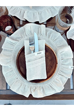 4Lü Ham Keten Yuvarlak Fırfır Detaylı Amerikan Servis/ Supla