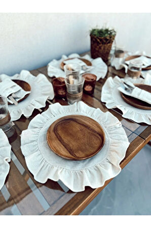 4Lü Ham Keten Yuvarlak Fırfır Detaylı Amerikan Servis/ Supla