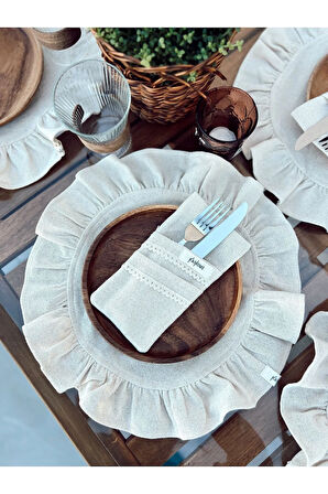 4Lü Ham Keten Yuvarlak Fırfır Detaylı Amerikan Servis/ Supla