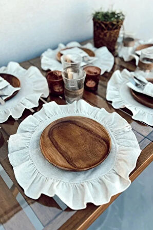 6Lı Ham Keten Yuvarlak Fırfır Detaylı Amerikan Servis/ Supla