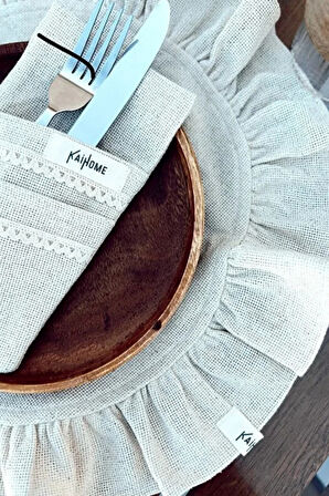 6Lı Ham Keten Yuvarlak Fırfır Detaylı Amerikan Servis/ Supla