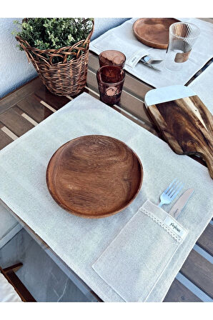 4Lü %100 Ham Keten Kaşıklık Detaylı Amerikan Servis/ Supla