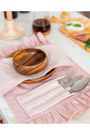 2Li %100 Dak Keten Fırfır Detaylı Amerikan Servis/ Supla PEMBE