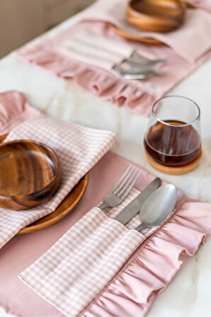 4Lü %100 Dak Keten Fırfır Detaylı Amerikan Servis/ Supla PEMBE