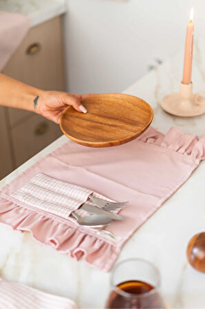 6Lı %100 Dak Keten Fırfır Detaylı Amerikan Servis/ Supla PEMBE