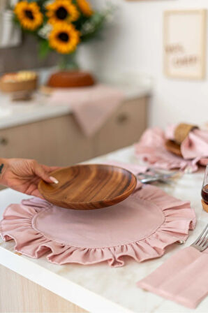 4Lü %100 Dak Keten Yuvarlak Fırfır Detaylı Amerikan Servis/ Supla PEMBE