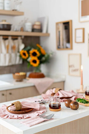 4Lü %100 Dak Keten Yuvarlak Fırfır Detaylı Amerikan Servis/ Supla PEMBE