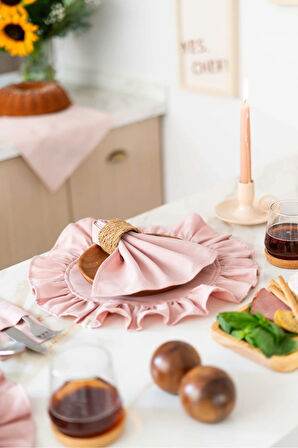 6Lı %100 Dak Keten Yuvarlak Fırfır Detaylı Amerikan Servis/ Supla PEMBE