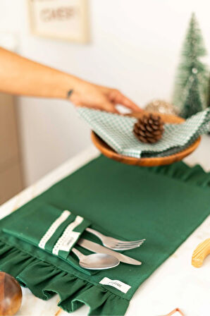 2Li %100 Dak Keten Fırfır Detaylı Amerikan Servis/ Supla YEŞİL