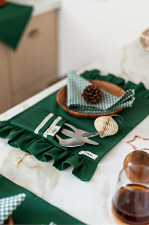 2Li %100 Dak Keten Fırfır Detaylı Amerikan Servis/ Supla YEŞİL