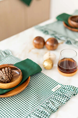 2Li %100 Dak Keten Fırfır Detaylı Amerikan Servis/ Supla YEŞİL KARELİ