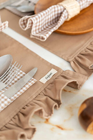 2Li %100 Dak Keten Fırfır Detaylı Amerikan Servis/ Supla KAHVERENGİ