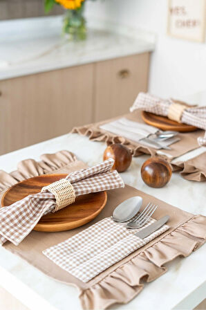 2Li %100 Dak Keten Fırfır Detaylı Amerikan Servis/ Supla KAHVERENGİ