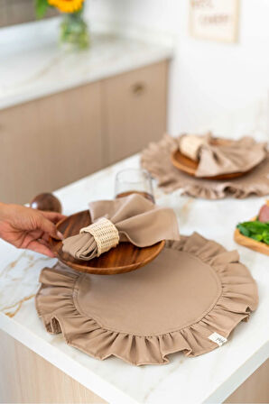 2Li %100 Dak Keten Yuvarlak Fırfır Detaylı Amerikan Servis/ Supla KAHVERENGİ