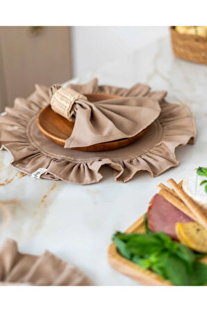 4Lü %100 Dak Keten Yuvarlak Fırfır Detaylı Amerikan Servis/ Supla KAHVERENGİ