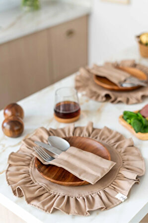 4Lü %100 Dak Keten Yuvarlak Fırfır Detaylı Amerikan Servis/ Supla KAHVERENGİ