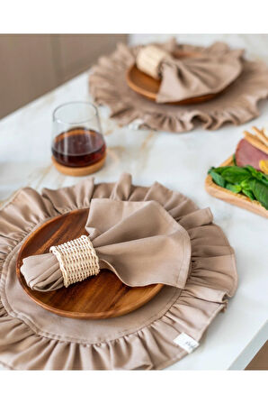 4Lü %100 Dak Keten Yuvarlak Fırfır Detaylı Amerikan Servis/ Supla KAHVERENGİ