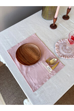 Rosy 4Lü Cep Detaylı Keten Amerikan Servis/ Supla Pembe