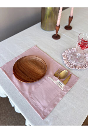 Rosy 4Lü Cep Detaylı Keten Amerikan Servis/ Supla Pembe