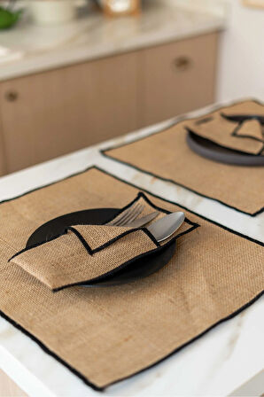 4Lü  Jüt Kumaş Siyah Detaylı Amerikan Servis / Supla