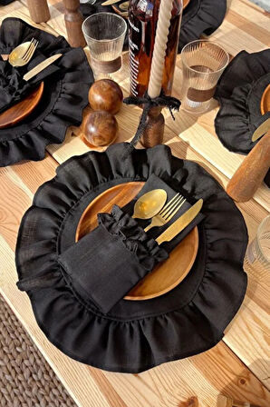 2Li Siyah Keten Kumaş Yuvarlak Fırfır Detaylı Amerikan Servis / Supla