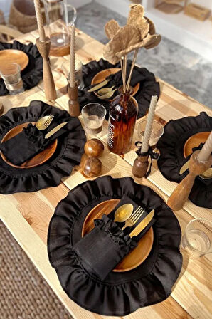 2Li Siyah Keten Kumaş Yuvarlak Fırfır Detaylı Amerikan Servis / Supla