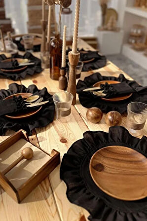 2Li Siyah Keten Kumaş Yuvarlak Fırfır Detaylı Amerikan Servis / Supla