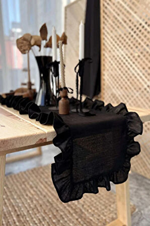 Fırfırlı Siyah %100 Keten Kumaş Runner 50cm X 155cm