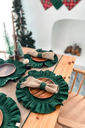 2Li %100 Dak Keten Fırfır Detaylı Yuvarlak Amerikan Servis/ Supla YEŞİL Yılbaşı Konsepti