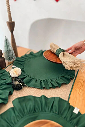2Li %100 Dak Keten Fırfır Detaylı Yuvarlak Amerikan Servis/ Supla YEŞİL Yılbaşı Konsepti