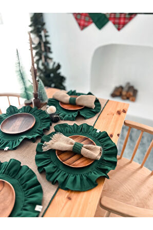 4Lü %100 Dak Keten Fırfır Detaylı Yuvarlak Amerikan Servis/ Supla YEŞİL