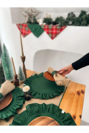 4Lü %100 Dak Keten Fırfır Detaylı Yuvarlak Amerikan Servis/ Supla YEŞİL