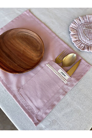 Rosy  2Li Cep Detaylı Keten Amerikan Servis/ Supla Pembe