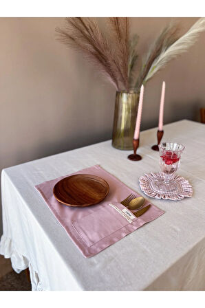 Rosy 6Lı Cep Detaylı Keten Amerikan Servis/ Supla Pembe