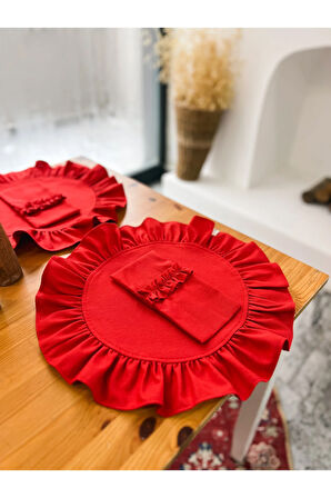 2Li Dak Keten Fırfır Detaylı Yuvarlak Amerikan Servis/ Supla Kırmızı