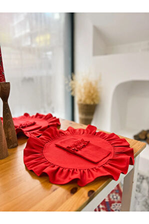 4Lü Dak Keten Fırfır Detaylı Yuvarlak Amerikan Servis/ Supla Kırmızı